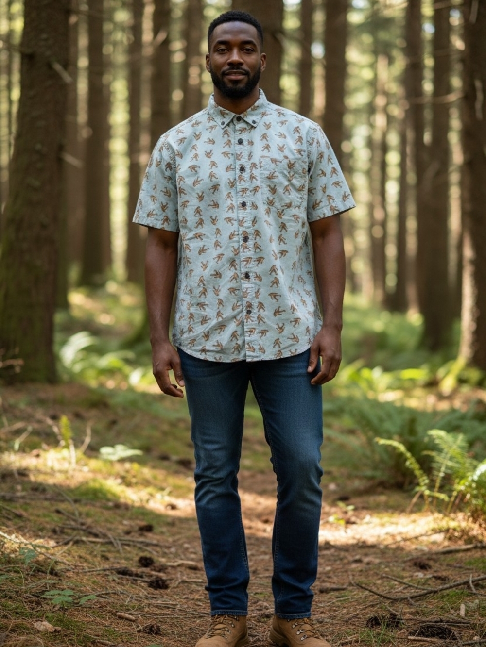 Kavu Light Blue Short-Sleeve Button-Down with Brown Leaf Print
